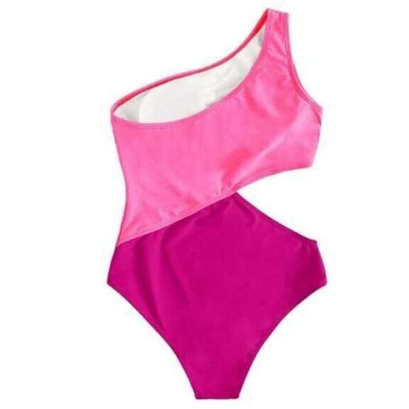 SWEATYROCKS Women's Bathing Suit Colorblock 1 Shoulder | Waist Cutout, Pink, LG - Picture 2 of 2
